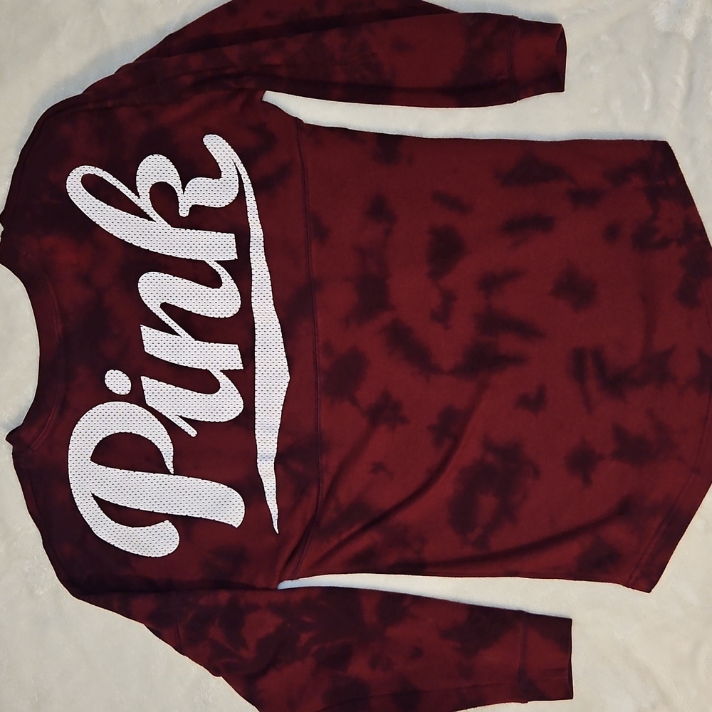 VS PINK Burgundy Maroon Tie Dye Crewneck Long Sleeve Tee (Oversized Fit) - Picture 6 of 7